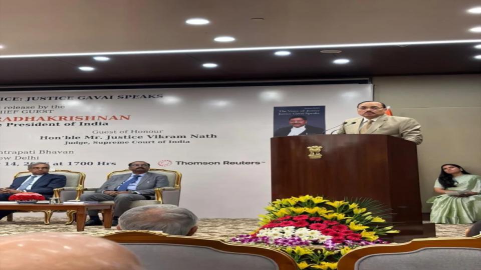 Chief Justice of India Surya Kant addresses the audience during the launch of The Voice of Justice: Justice Gavai Speaks, highlighting the need for a humane and accessible judiciary.